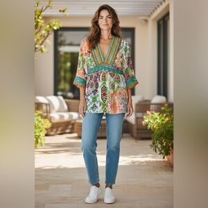 Johnny was silk v neck tunic green orange beige boho tribal print S